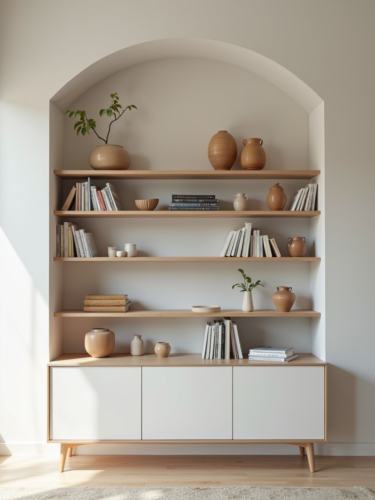 An open shelving unit holding pottery, vases and books