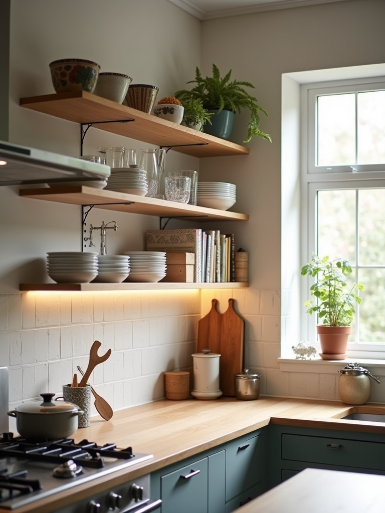 A kitchen with open shelves displaying decorative dishes and cooking tools.