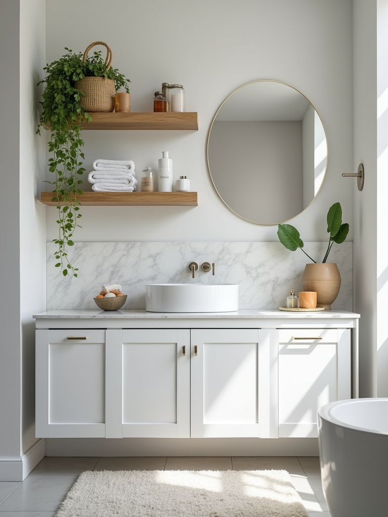 A bathroom with open shelves for storage, styled with decor and linens.
