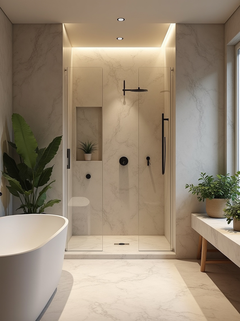 An open-concept bathroom with a doorless shower.