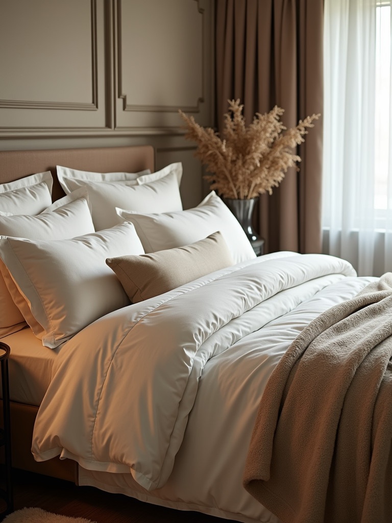 Master bedroom featuring multiple layers of soft textures of luxurious bedding that give a more relaxed and serene ambience