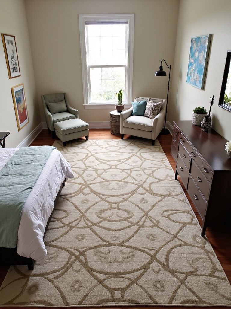 A bedroom with a stylish rug grounding the space