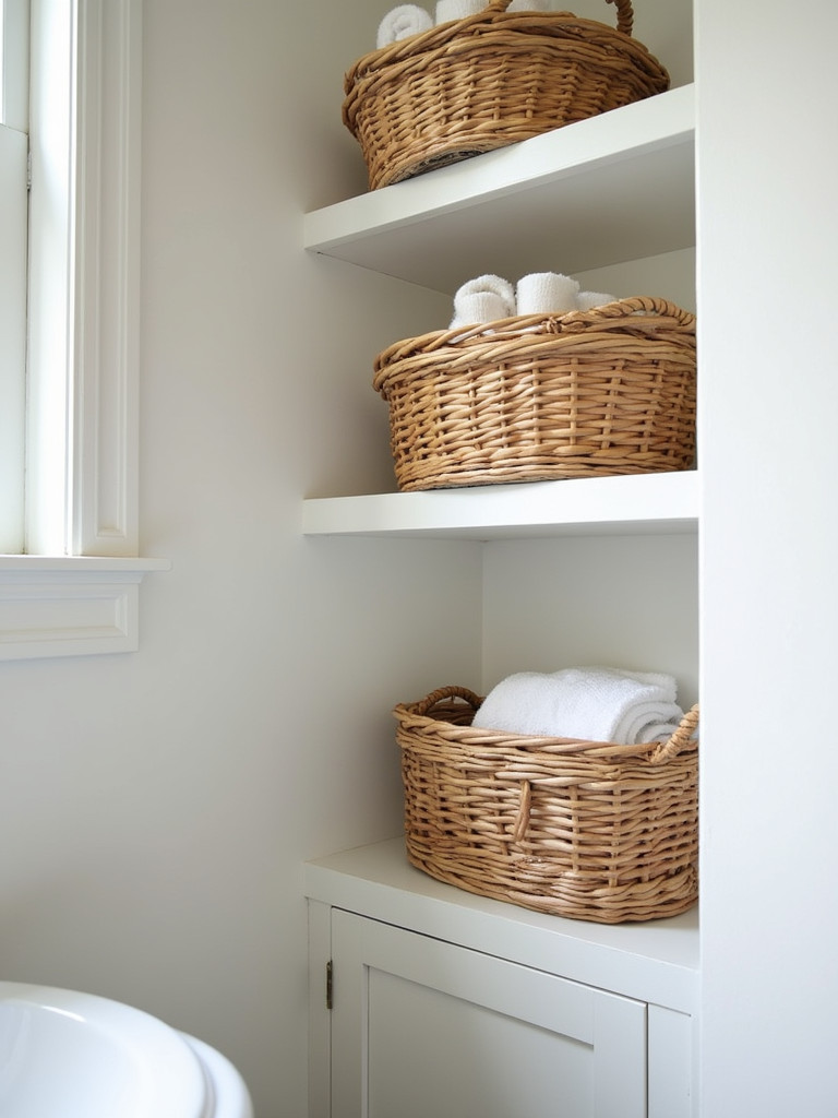 A bathroom with neatly arranged woven baskets on open shelves, used to store towels and toiletries.