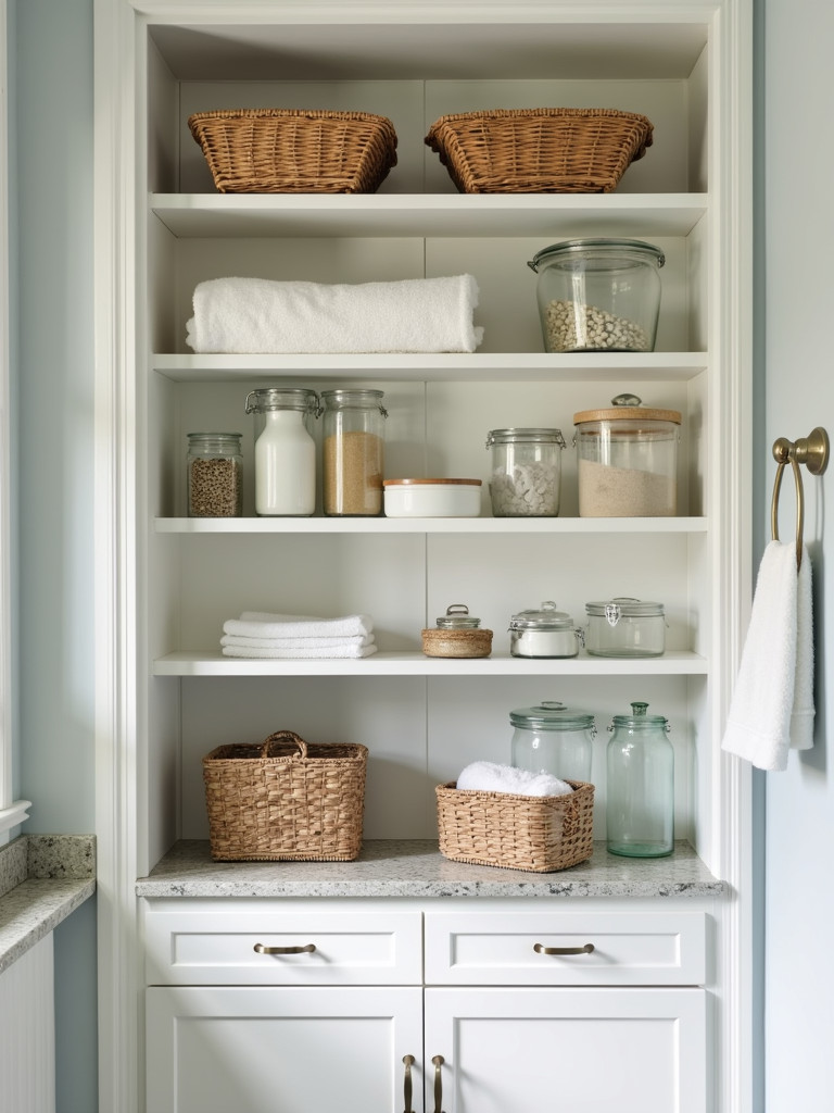 Bathroom shelving with baskets and glass jars