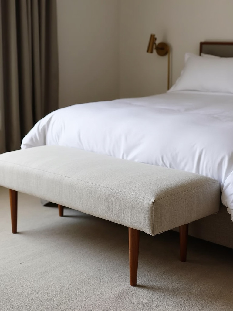 A minimalist bedroom with a neutral-colored upholstered bench at the foot of the bed