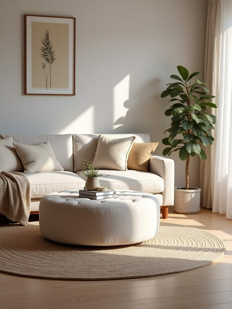 Living room with an ottoman for flexible seating with layered rugs, ample ambient light, low level angle.