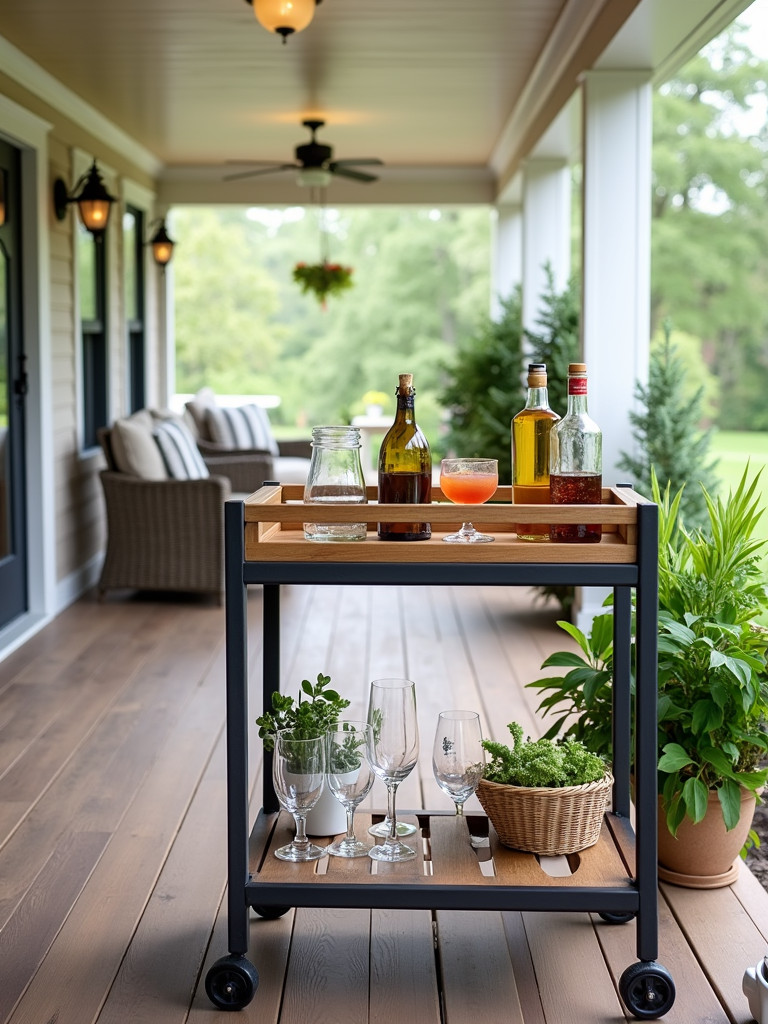 A stylish bar cart stocked with glassware and bottles on a back porch in soft natural daylight.