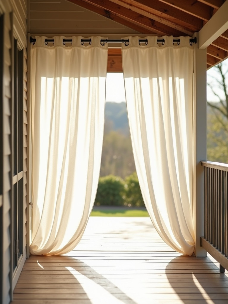 Light, sheer outdoor curtains hanging on a back porch in soft natural daylight.
