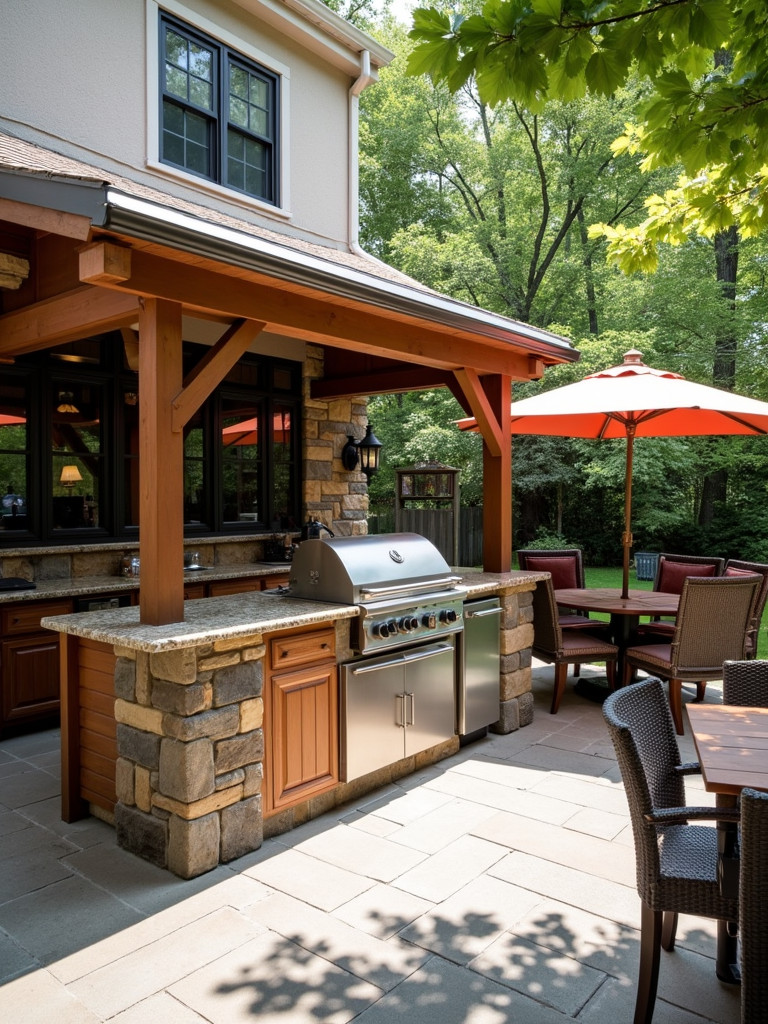 Outdoor kitchen bar featuring durable materials and a shaded seating area.