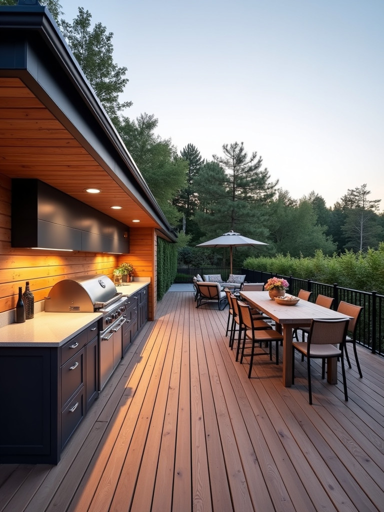 An outdoor kitchen and dining area on a spacious wooden deck with a grill, countertops, and a dining table.