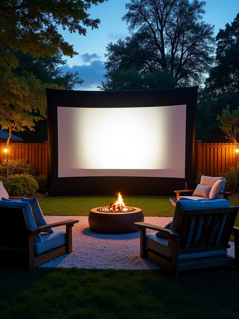 An outdoor movie screen in a cozy backyard setting