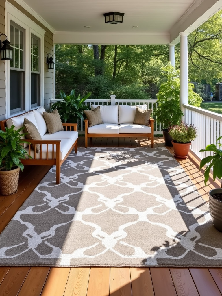 A back porch with a neutral-colored patterned outdoor rug defining the seating area.