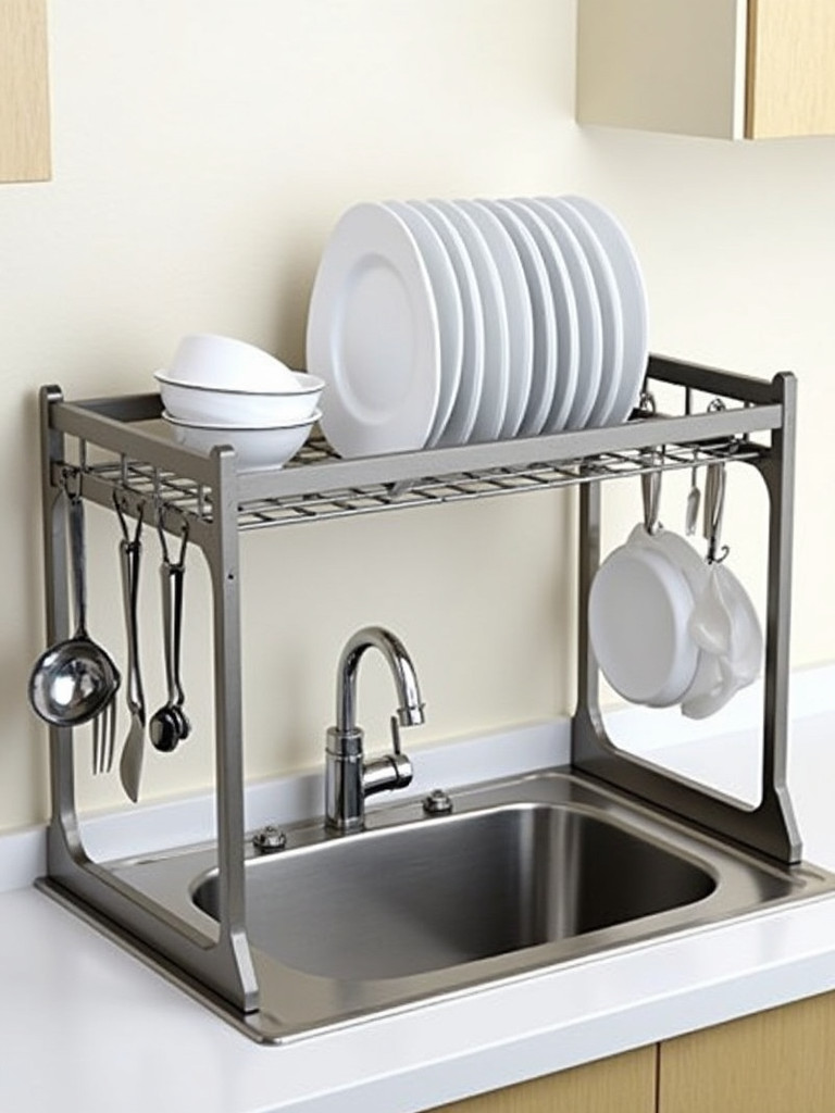 An over-the-sink dish rack holding several plates, bowls, and utensils, saving counter space