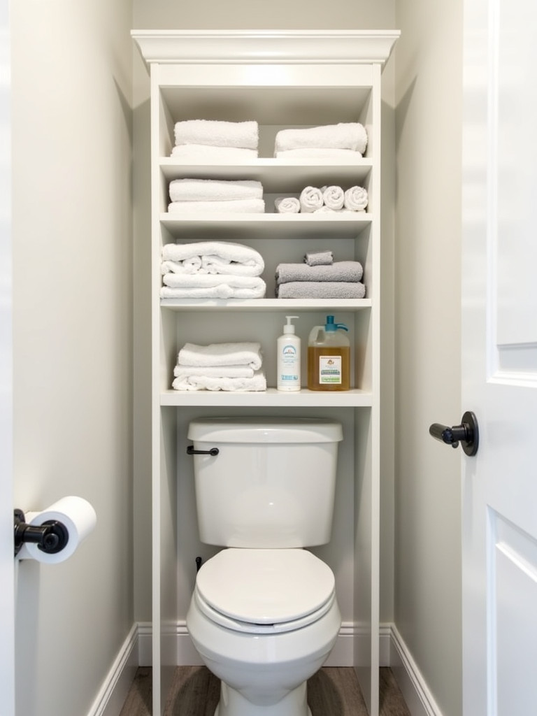 An over-the-toilet storage cabinet maximizing space in a well-organized laundry bathroom