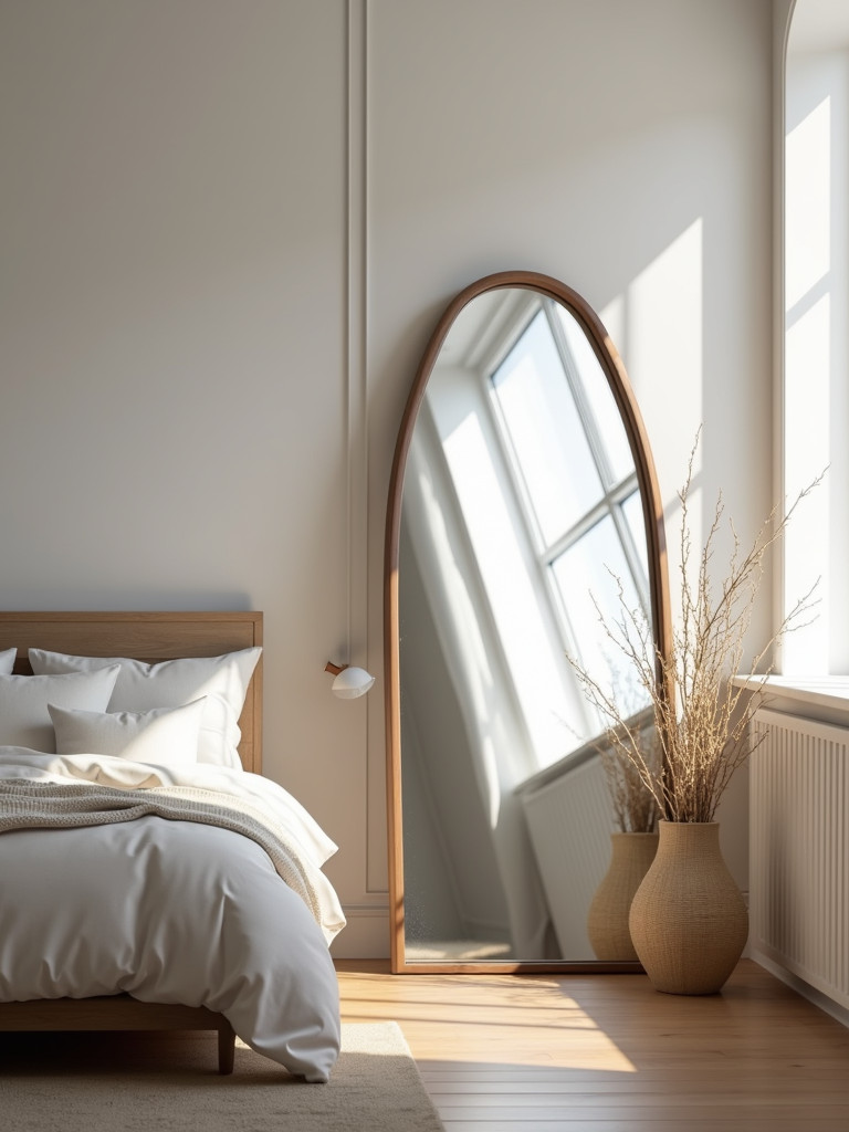 An oversized floor mirror reflecting a bedroom with a neutral color palette