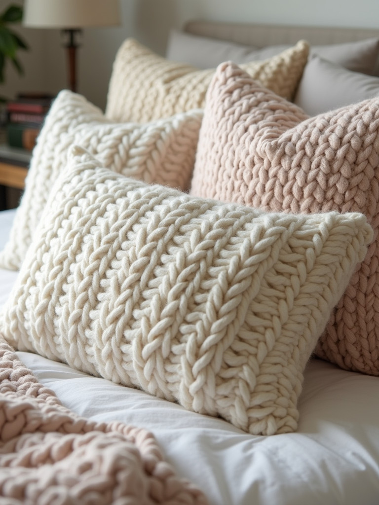 A cozy bed styled with a variety of oversized knit pillows in soft, natural colors.
