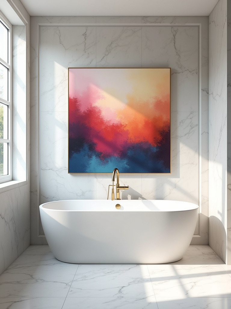 An oversized canvas print displayed over a tub in a luxurious modern bathroom.