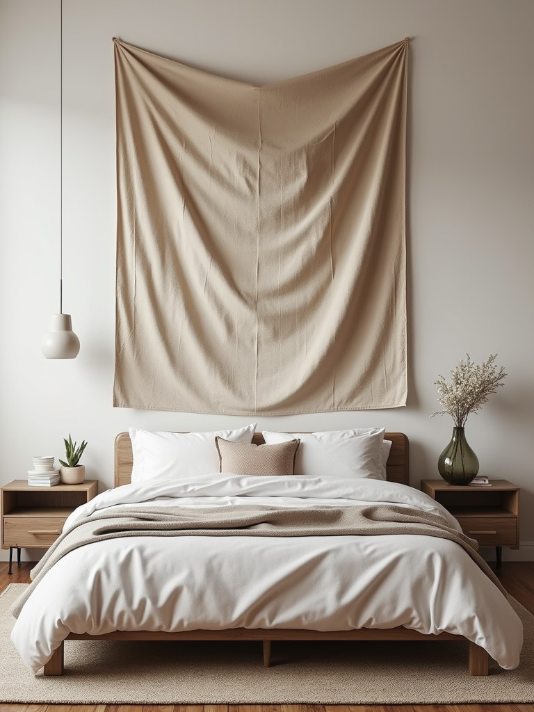 Oversized tapestry covering a wall above the bed in a minimal bedroom