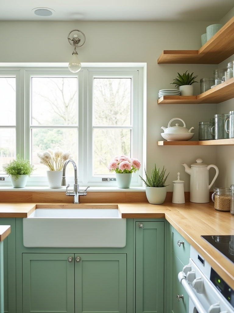 Bright farmhouse kitchen with soft pastel green painted cabinets, butcher block countertops and a ceramic sink