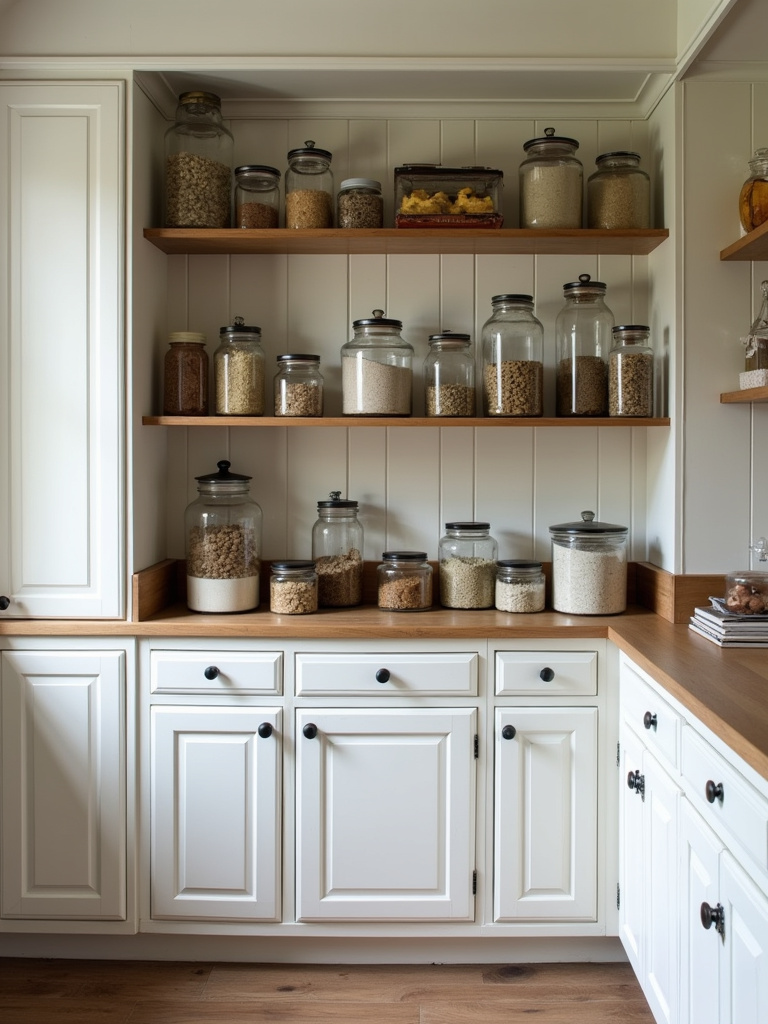 A vintage-style white kitchen pantry with open shelving, old jars and containers displayed.