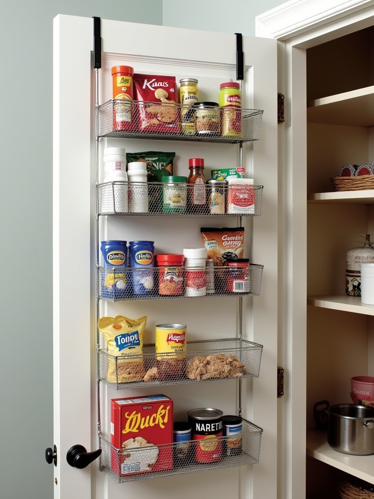 A pantry door with mounted storage racks and baskets, filled with various pantry items, maximizing storage space