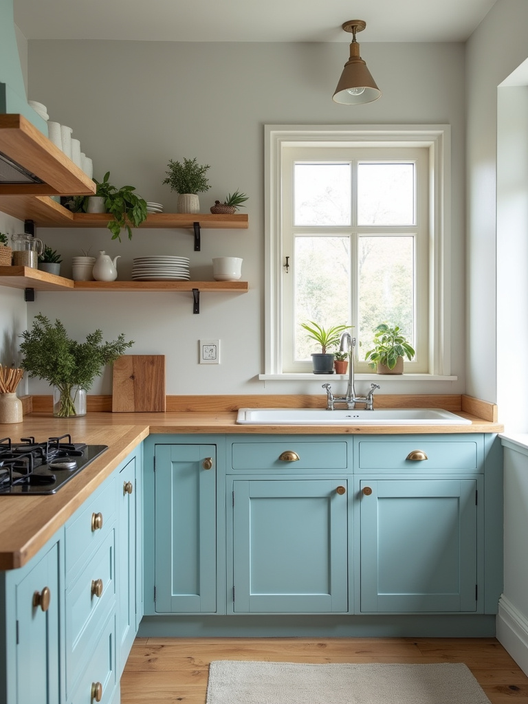 Pastel blue cabinets in a small cottage kitchen with natural wooden accents and natural lighting.