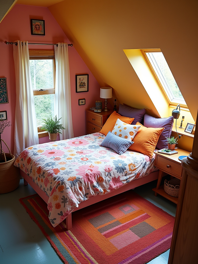 A colorful attic bedroom with layered patterns adding personality and charm.