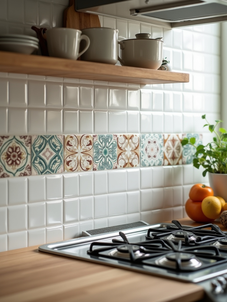 Patterned ceramic tile backsplash in a small cottage kitchen with natural and soft lighting.