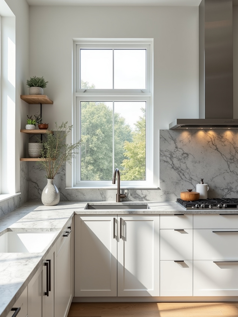 A modern kitchen featuring white cabinets and patterned concrete countertops.