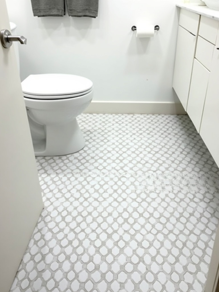 A small bathroom with a geometric patterned tile floor