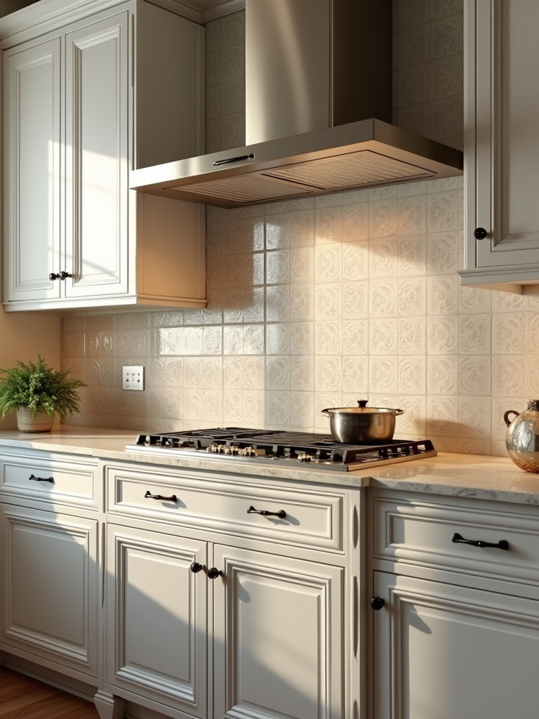 A traditional kitchen featuring a patterned porcelain tile backsplash with a classic and artistic look, with warm natural light