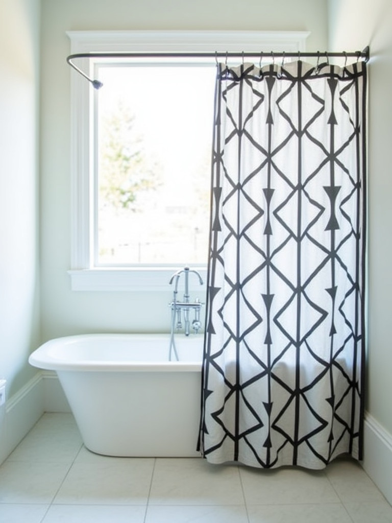 A bathroom with a bold, geometric pattern shower curtain