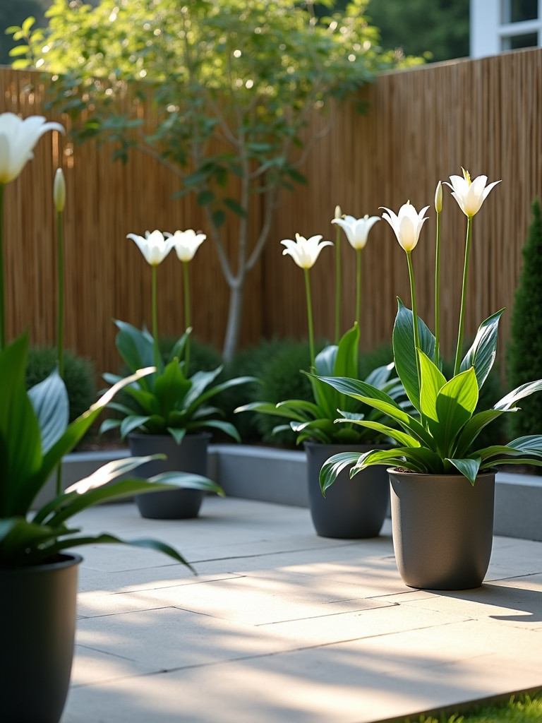 A shaded patio with several peace lilies in modern pots under soft, indirect light