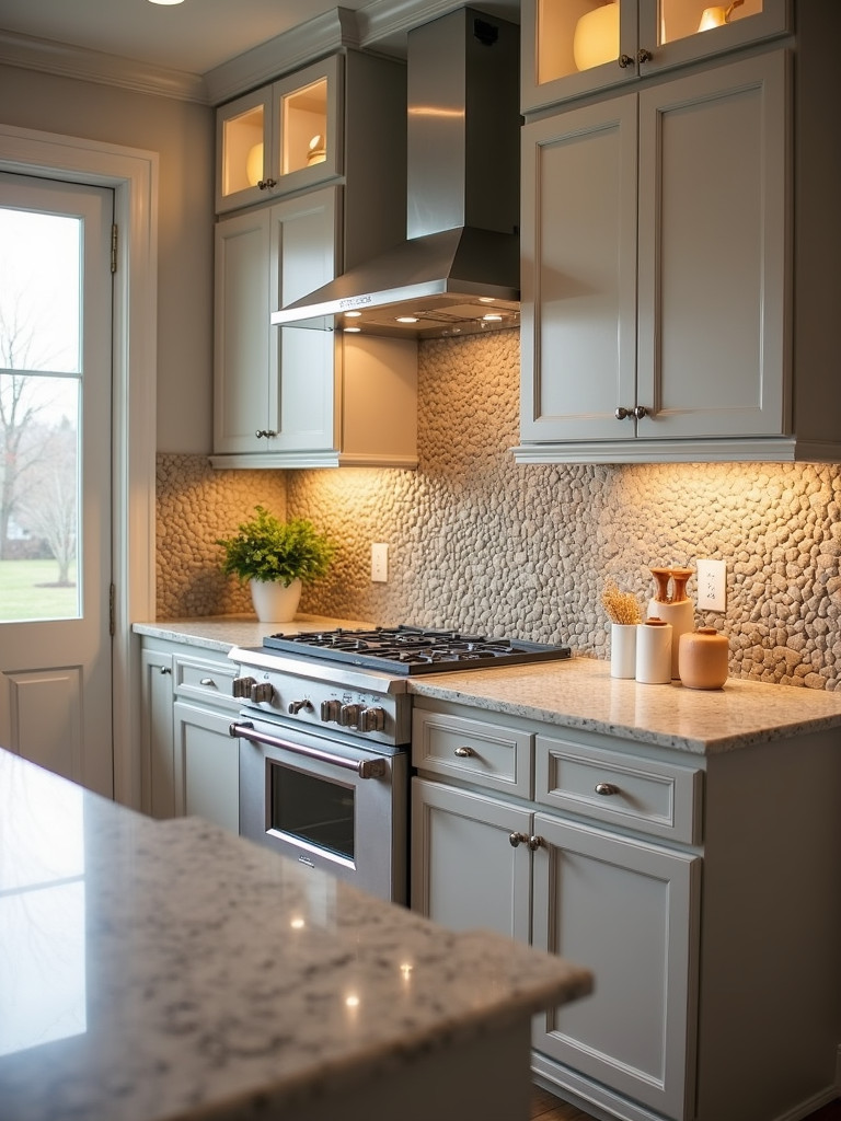 A traditional kitchen with a pebble tile backsplash, creating an organic and textured look in the kitchen