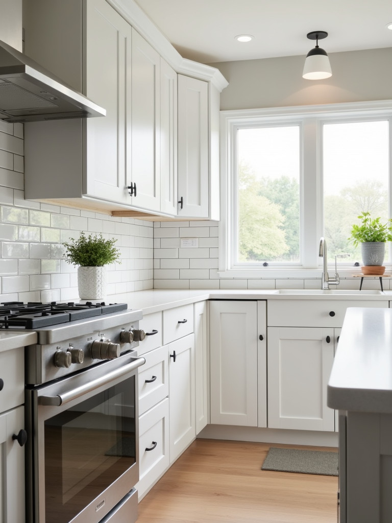 A contemporary kitchen featuring a peel-and-stick tile backsplash with simple design