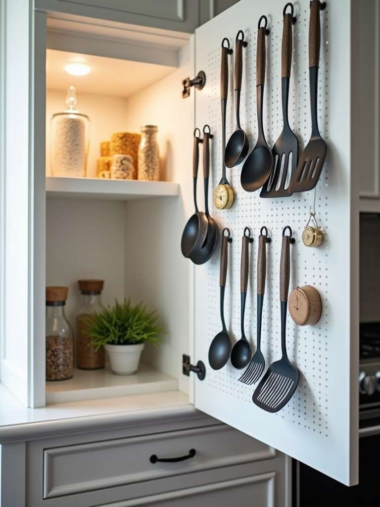 A kitchen cabinet door with a pegboard organizer holding utensils and small kitchen items.