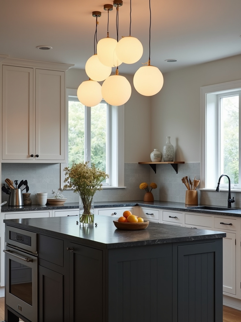 A modern kitchen with a cluster of pendant lights over a dark grey kitchen island.