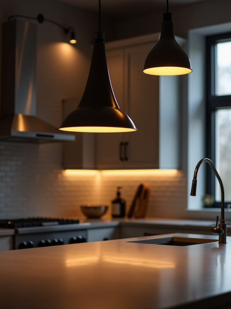 A sleek, modern kitchen highlighted with elegant pendant lighting hanging over the kitchen island.