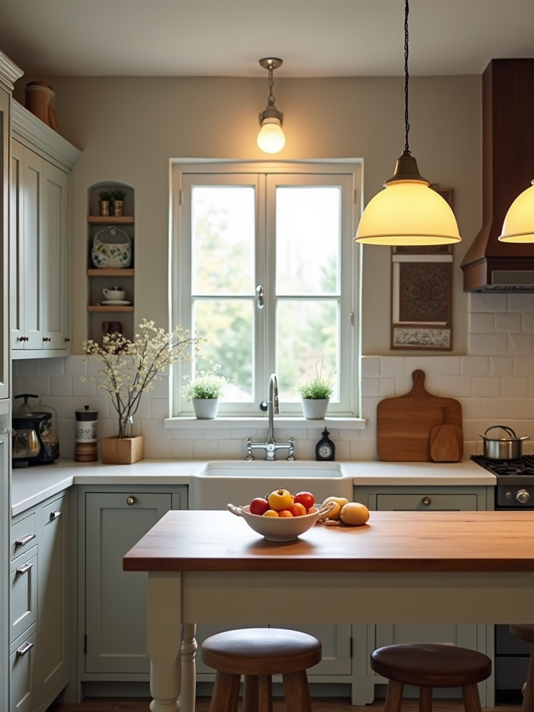 Pendant lighting over a counter in a small cottage kitchen with warm lighting.