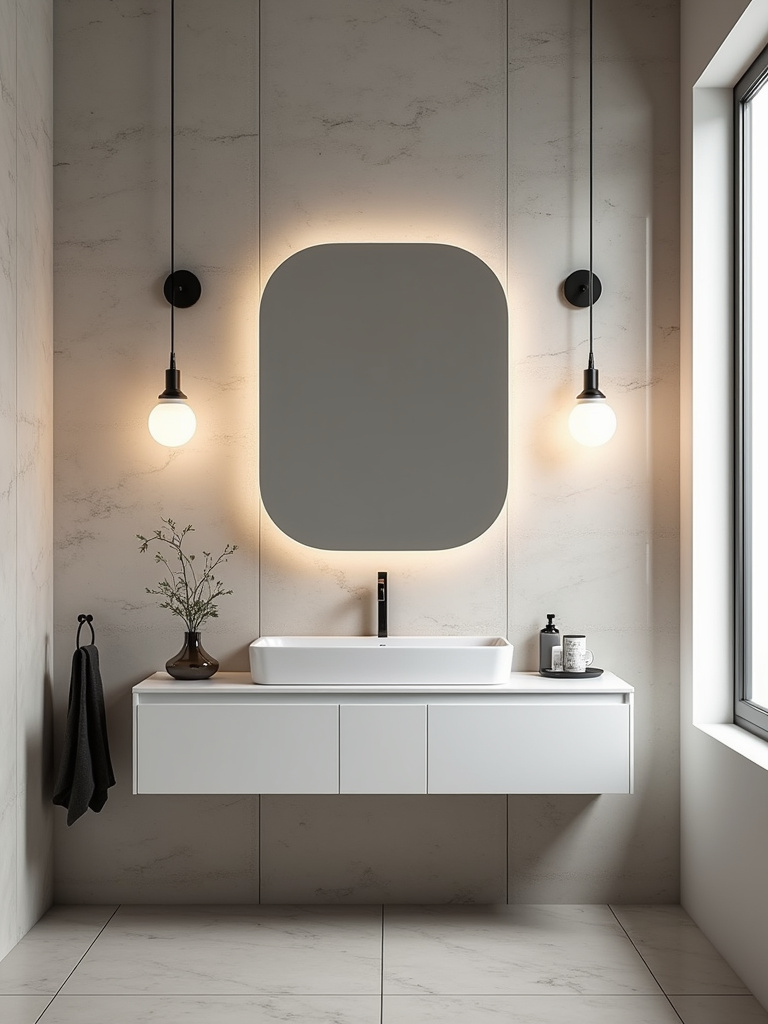 A bathroom vanity illuminated by stylish pendant lights, creating a soft light.