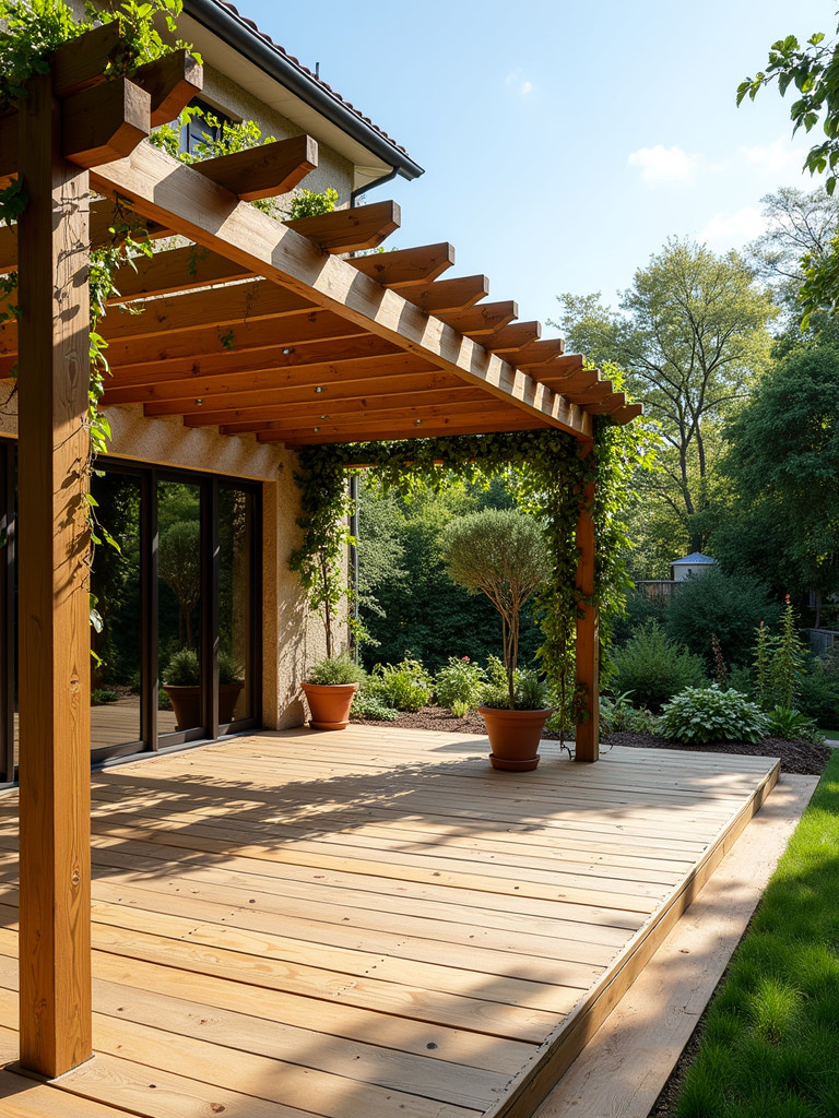 A wooden deck with a pergola, featuring climbing plants, in a brightly lit garden.