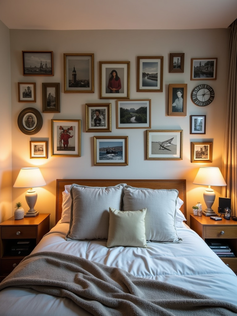 A bedroom with personalized accessories and soft lighting.