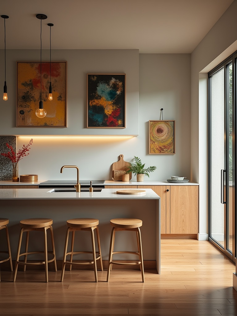 A modern kitchen space with unique artwork on display