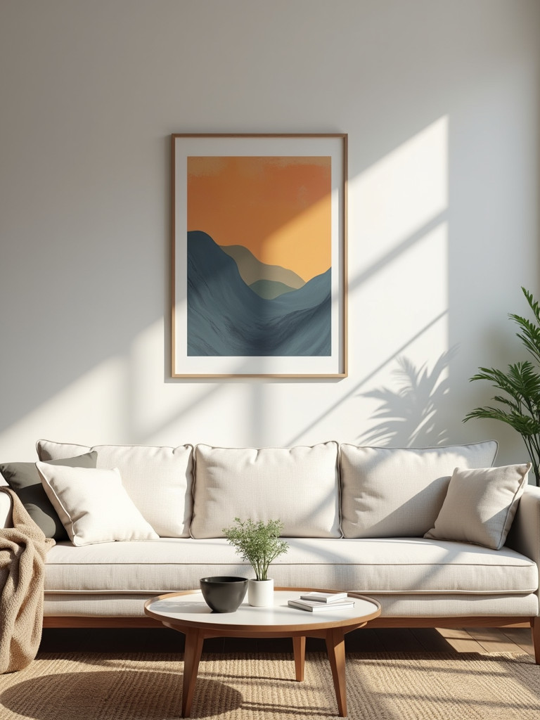 A personally meaningful art piece hanging in a minimalist sitting space