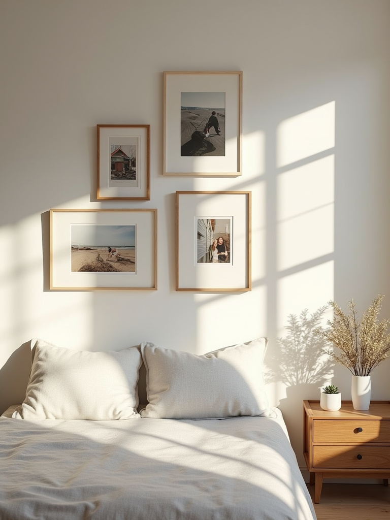 Personalized artwork and photographs adorn a bedroom, creating a space that is both cozy and intimate.
