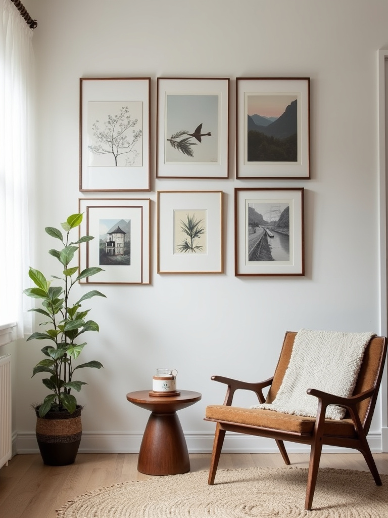 Personalized gallery wall with varied frames and art, straight on wide angle shot.