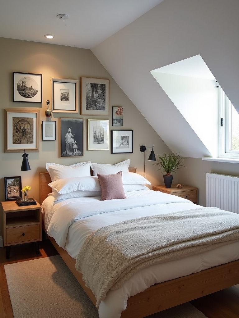 A personalized gallery wall in an attic bedroom reflecting individuality.