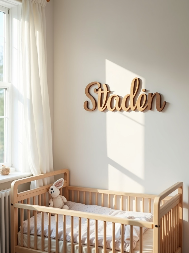 A child’s room featuring a personalized name sign above a crib