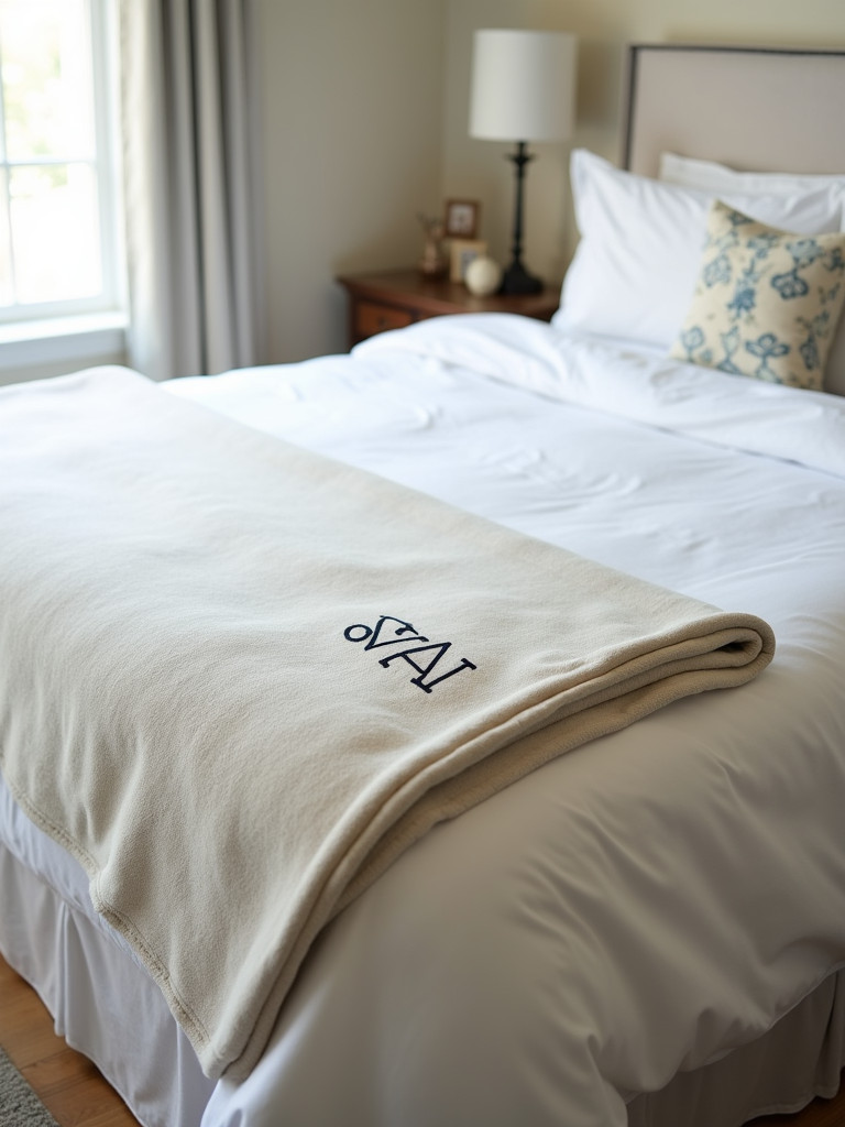 A bed with a personalized throw blanket draped over the edge, featuring embroidered initials