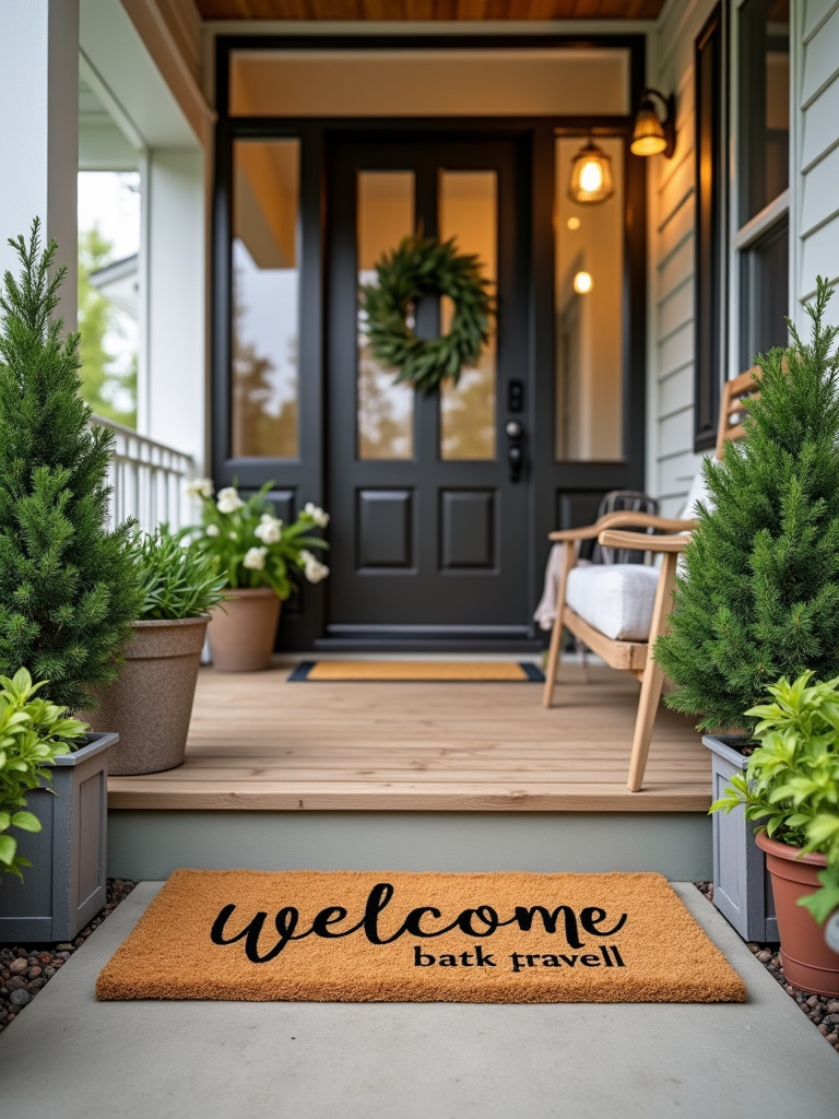 A personalized welcome mat with a family name on a back porch illuminated by soft natural daylight.